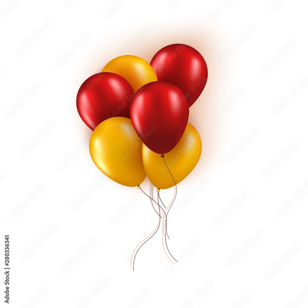 Realistic bunch of red and yellow balloons isolated on white background. Vector greeting card element for Birthday or Black Friday Sale concept Realistic bunch of red and yellow balloons isolated on white background. Vector greeting card element for Birthday or Black Friday Sale concept