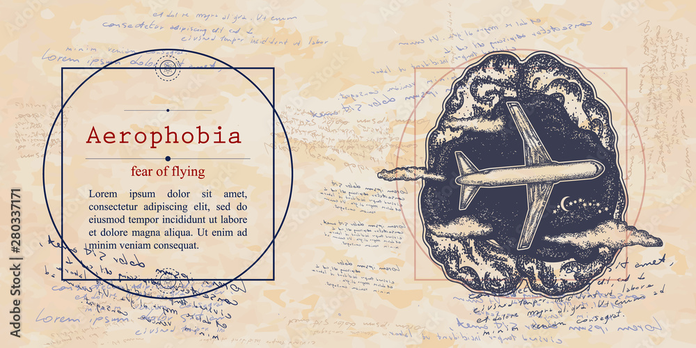 Aerophobia. Fear of flying phobia. Human brain and airplane. Psychological vector illustration. Psychotherapy and psychiatry. Medieval medicine manuscript