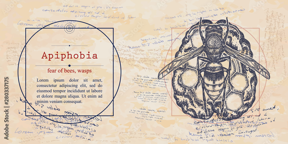 Apiphobia. Fear of bees,wasps phobia. Psychological vector illustration