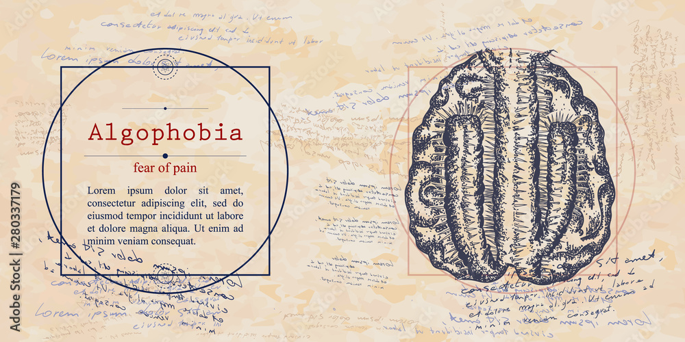 Algophobia. Fear of pain phobia. Psychological vector illustration. Human brain and cactus. Psychotherapy and psychiatry. Medieval medicine manuscript