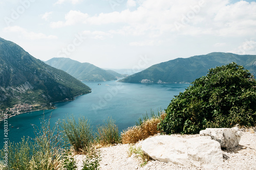 Beautiful view of the Bay of Kotor in Montenegro. Natural landscape with mountains and sea.