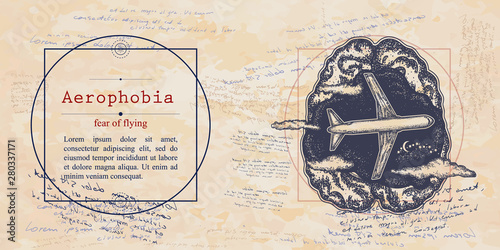 Aerophobia. Fear of flying phobia. Human brain and airplane. Psychological vector illustration. Psychotherapy and psychiatry. Medieval medicine manuscript