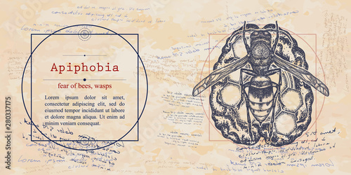 Apiphobia. Fear of bees,wasps phobia. Psychological vector illustration. Psychotherapy and psychiatry. Medieval medicine manuscript