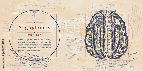 Algophobia. Fear of pain phobia. Psychological vector illustration. Human brain and cactus. Psychotherapy and psychiatry. Medieval medicine manuscript