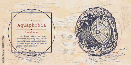 Aquaphobia. Fear of water phobia. Psychological vector illustration. Human brain and sea storm. Psychotherapy and psychiatry. Medieval medicine manuscript
