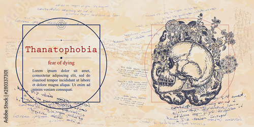 Thanatophobia. Fear of dying phobia. Human skull and brain. Psychological vector illustration. Psychotherapy and psychiatry. Medieval medicine manuscript