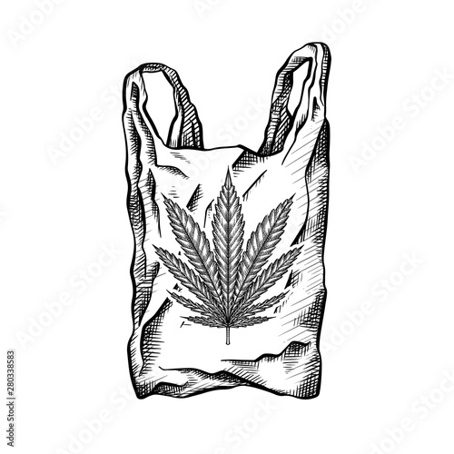 Nature bag with hatching and marijuana leaf. Eco friendly bag zero waste. Recycled waste. Ecological problem. Vector black and white drawing for your creativity.