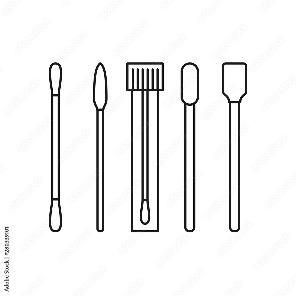Different swabs, ear stick in flat line style on white background. Medical tools, hygiene objects Different swabs, ear stick in flat line style on white background. Medical tools, hygiene objects