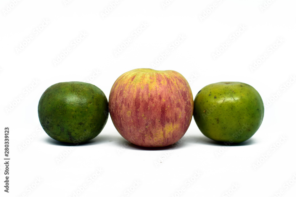 apple and two orange isolated on white background apple and two orange isolated on white background