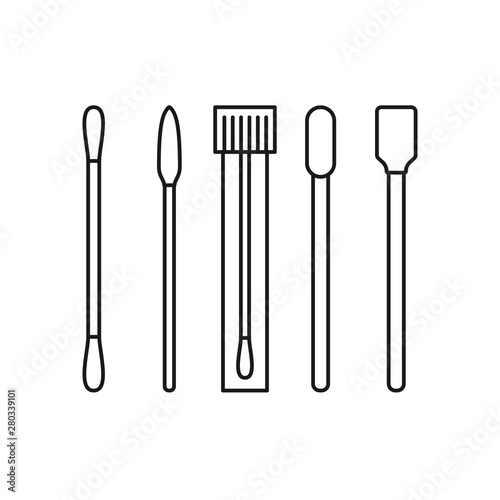 Different swabs, ear stick in flat line style on white background. Medical tools, hygiene objects