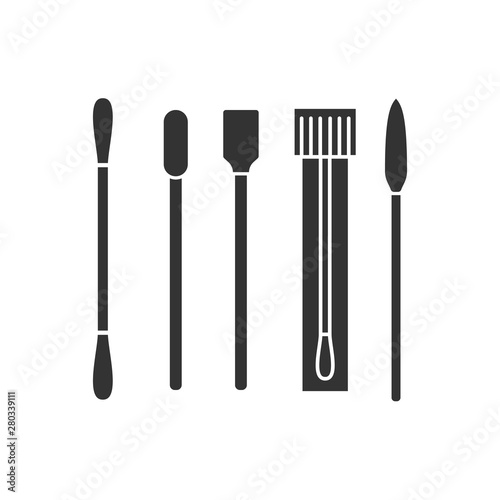 Black silhouette of different swabs, ear stick in flat style on white background. Medical tools, hygiene objects