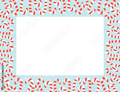 Red and White Holiday Christmas and New Year Flat Candy Canes and Snowfall Square Rectangular Vector Frame