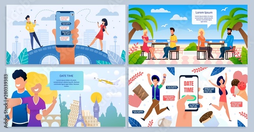 Romantic Date, Honeymoon Travel Vector Posters Set