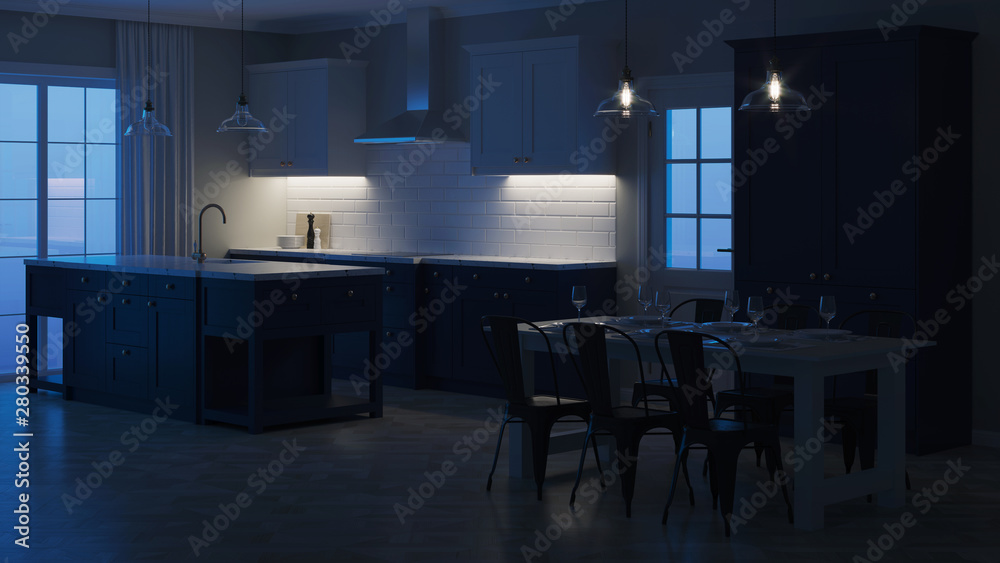 Fototapeta premium Modern house interior. Night. Evening lighting. 3D rendering.