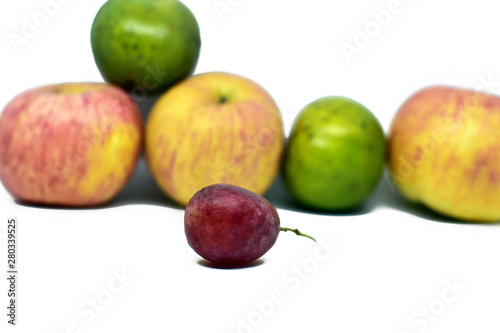 orange, grapes and apple group isolated on white background. Horizontal composition for package design © nature design