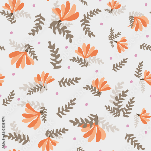 A seamless vector pattern with orange flowers and leaves on light background. Surface print design. © rysunki.malunki