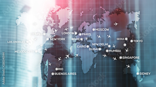 Aviation wallpaper with planes over the map with major city names. Digital map with planes around the world concept. © Funtap