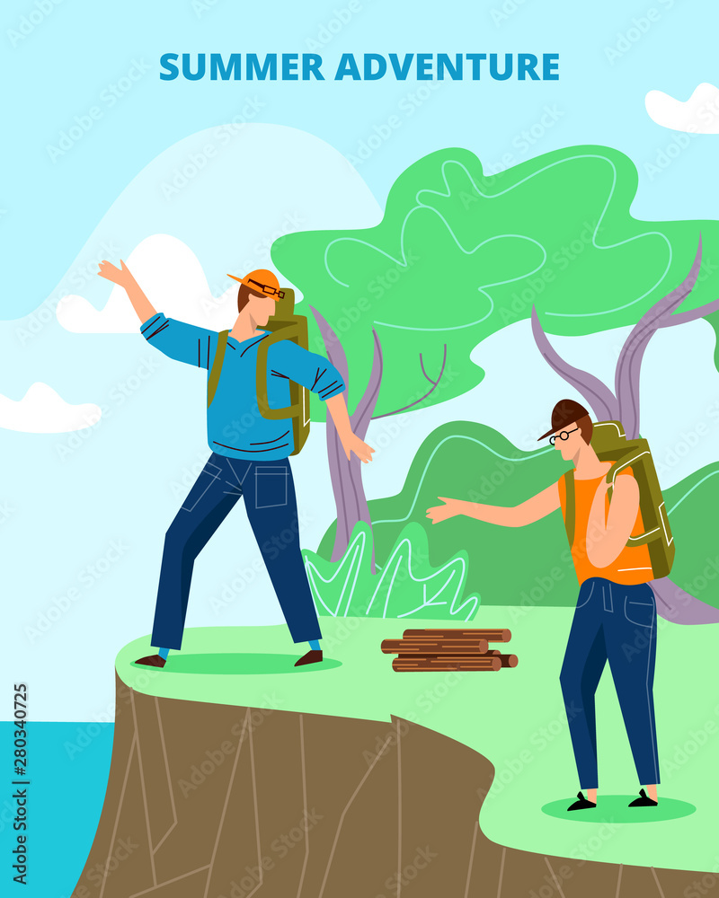 Fototapeta premium Tourists with Backpacks Stand on Edge of Cliff