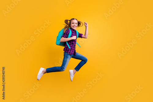 Εκτύπωση καμβά Full length side photo of little pupil jump high glad return school wear casual