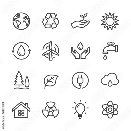 ecology and environmental protection line icons set