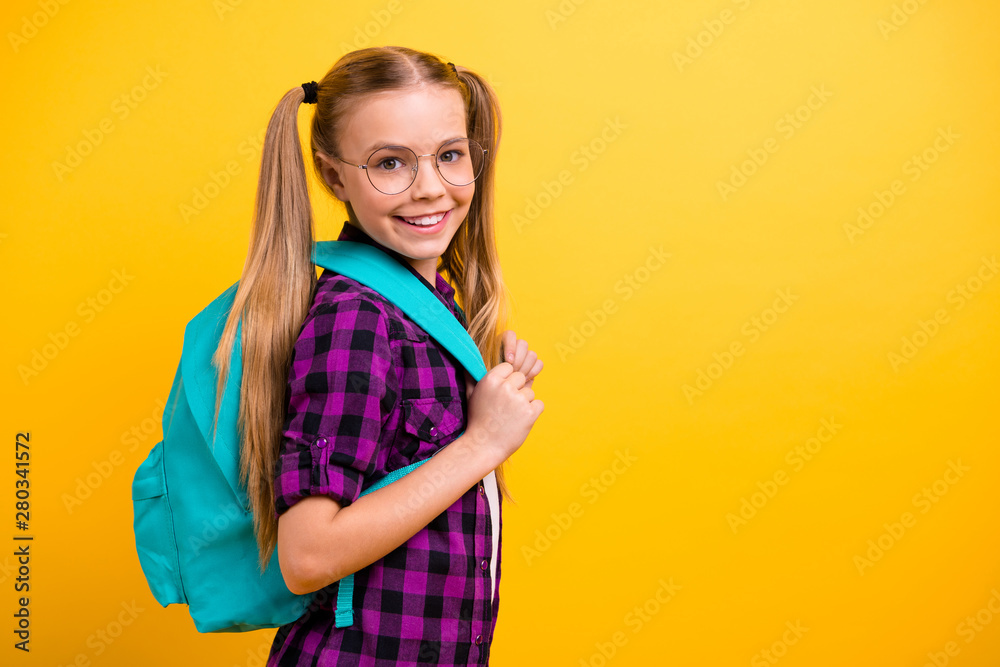 Profile photo of little lady return classroom wear specs new bag checkered shirt jeans denim isolated yellow background - obrazy, fototapety, plakaty 