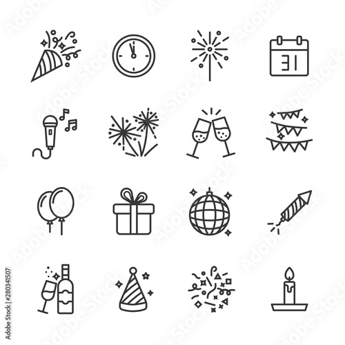new years and party vector line icons set