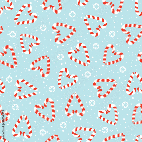 Colorful Hand Drawn Holiday Christmas and New Year Candy Cane Hearts and White Snowflakes Vector Seamless Pattern