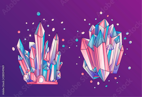Blue and pink crystal, cartoon cute vector Quartz illustration. Quartz Crystal druse, pink princess grain on violet background. Cartoon red semiprecious stones of blue Quartz
