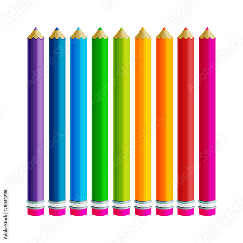 9  color pencils. Cector collection isolated illustration on white background.  Office supplies.