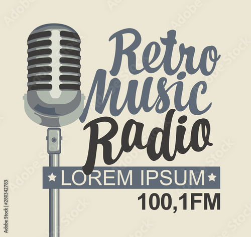 Vector banner for retro music radio with microphone and inscription in retro style. Radio broadcasting concept with classic dynamic silver mic. Suitable for banner, ad, poster, flyer, logo