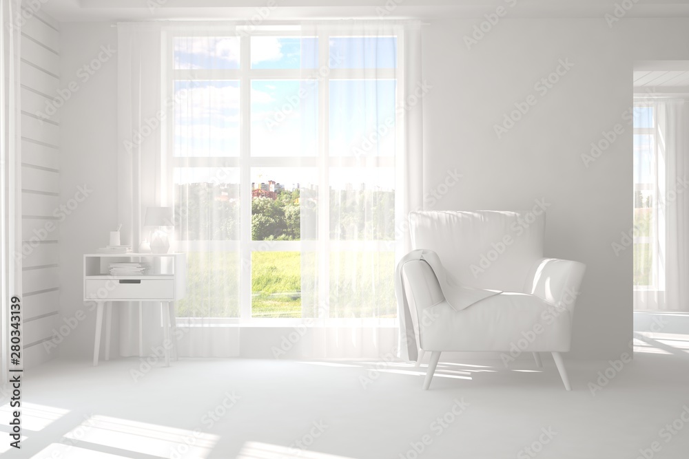 Mock up of stylish room in white color with armchair and green landscape in window. Scandinavian interior design. 3D illustration Mock up of stylish room in white color with armchair and green landscape in window. Scandinavian interior design. 3D illustration