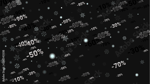 Percent Sings on Dark Background. Black Poster with Silver Percent Sings and Snowflakes. Vector Discount Sale Background.