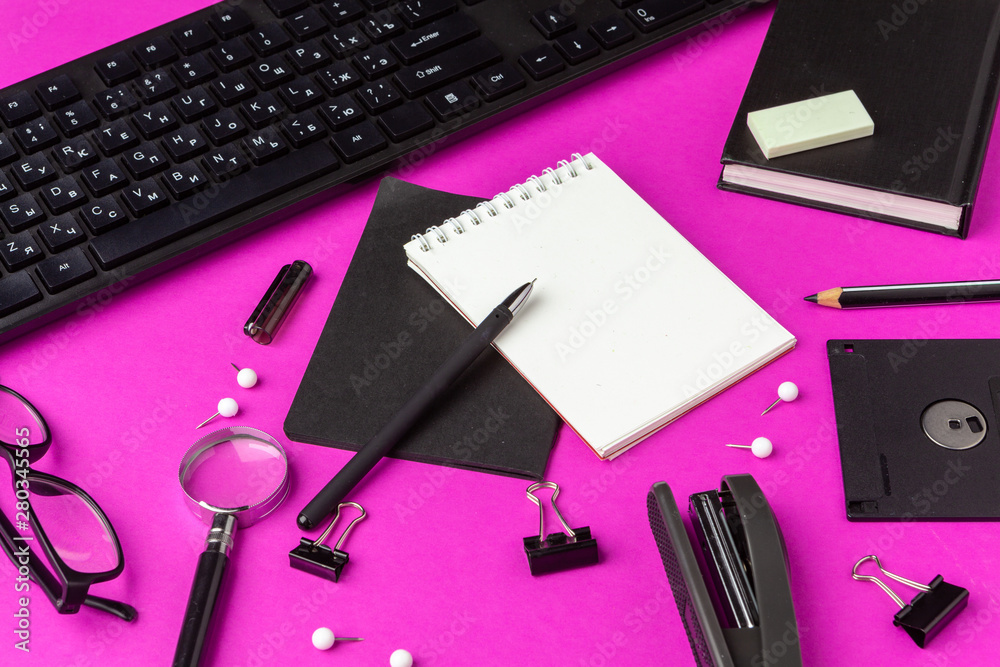 School stationery on a pink background. Back to school creative supplies School stationery on a pink background. Back to school creative supplies