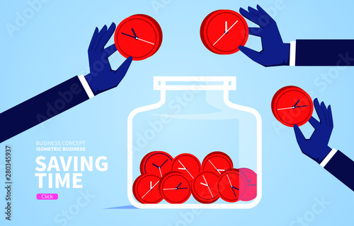 Time saving concept, hand holding clock into glass jar