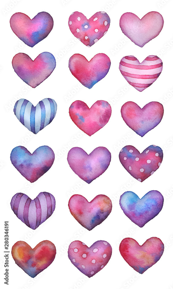 watercolor set with pink, blue, violet hearts