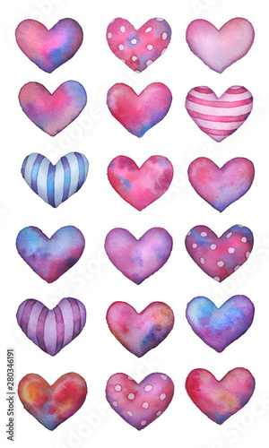 watercolor set with pink, blue, violet hearts