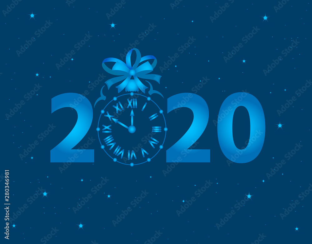 Happy New Year 2020 background with clock and lights on blue background. Vector Illustration for holiday greeting card, invitation, calendar poster banner