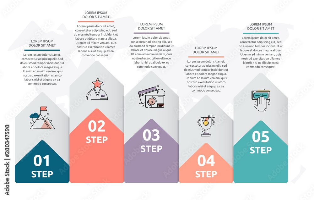 Vector infographic flat template concept for five labels, diagram, graph. Business concept with 5 options. For content, flowchart, steps, timeline, web, workflow, marketing, presentation