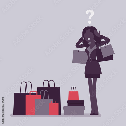 Shopaholic woman buying too much. Young anxious black girl shopping with addiction, suffer from obsession of purchases, feeling distress, shame or guilt after. Vector illustration, faceless character
