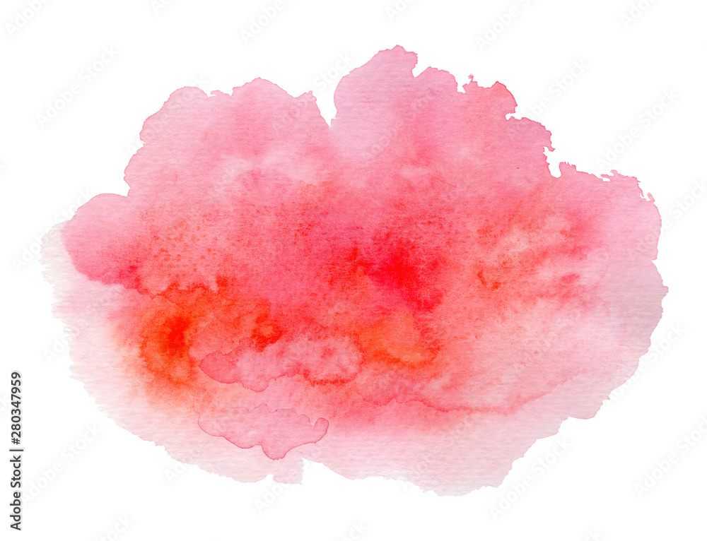 Bright expressive red and pink wet watercolor texture blob isolated on white, wash technique. Modern creative watercolour stain for decoration, abstract blood concept, background