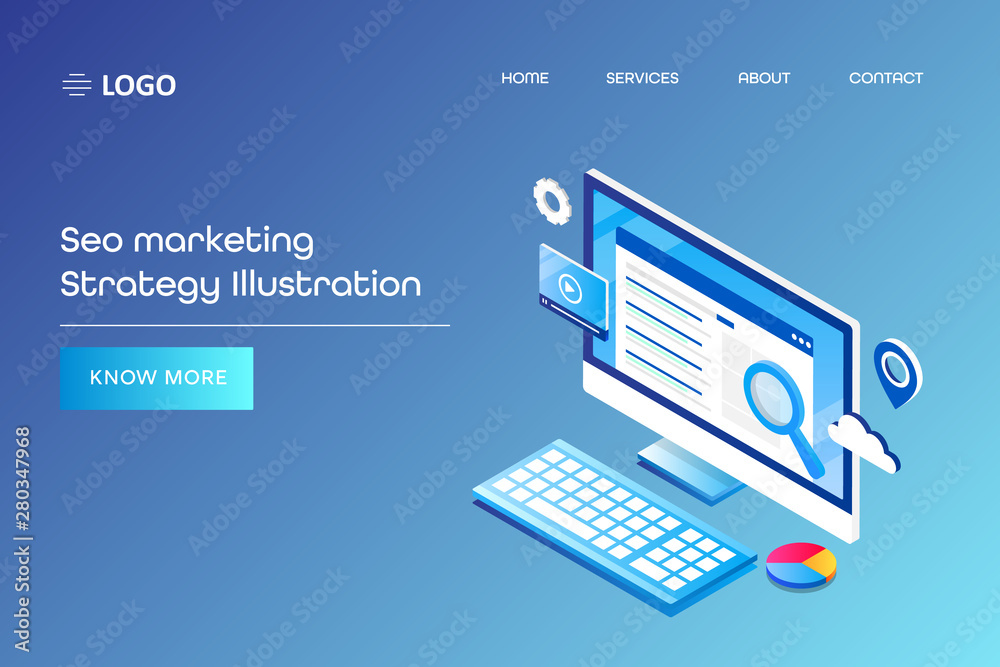 Seo optimization, digital marketing, search engine ranking, web analytic concept, 3d style isometric design, vector web template.