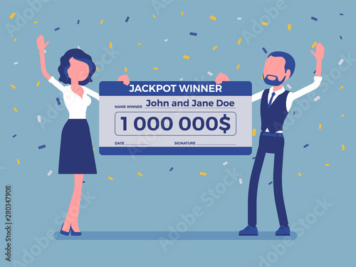 Winning lottery ticket, happy pair holding giant check. Successful couple celebrating chance event of getting prize, good luck to achieve large money fund. Vector illustration, faceless characters