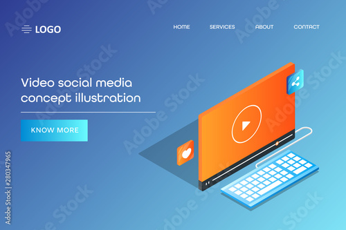 Isometric design concept of social media app and video marketing, business presentation, video advertising 3d style concept. Web page template with text.