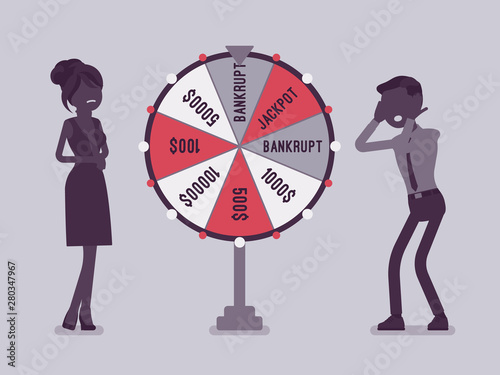 Bankrupt, unhappy man losing in game show. Guy in stress and worry in financial problems, loss of money after business risk, negative gamble rsult. Vector illustration, faceless characters