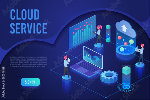 Cloud service ultraviolet light landing page isometric vector template. Programmer synchronizing information. Database storage, data encryption and protection. Cloud computing website homepage