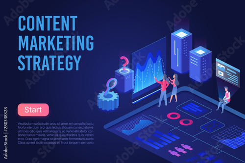 Content marketing strategy ultraviolet light landing page isometric vector template. Strategic business approach 3d concept. Social media, digital marketing. Creating, distributing content website