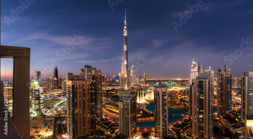Fényképezés Dubai downtown after sunset panorama