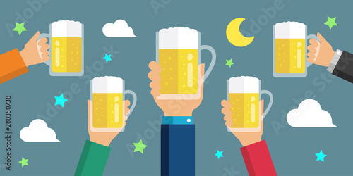  Making a toast with beer/  beer garden flat banner illustration