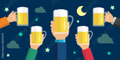  Making a toast with beer/  beer garden flat banner illustration