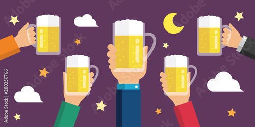 Making a toast with beer/  beer garden flat banner illustration